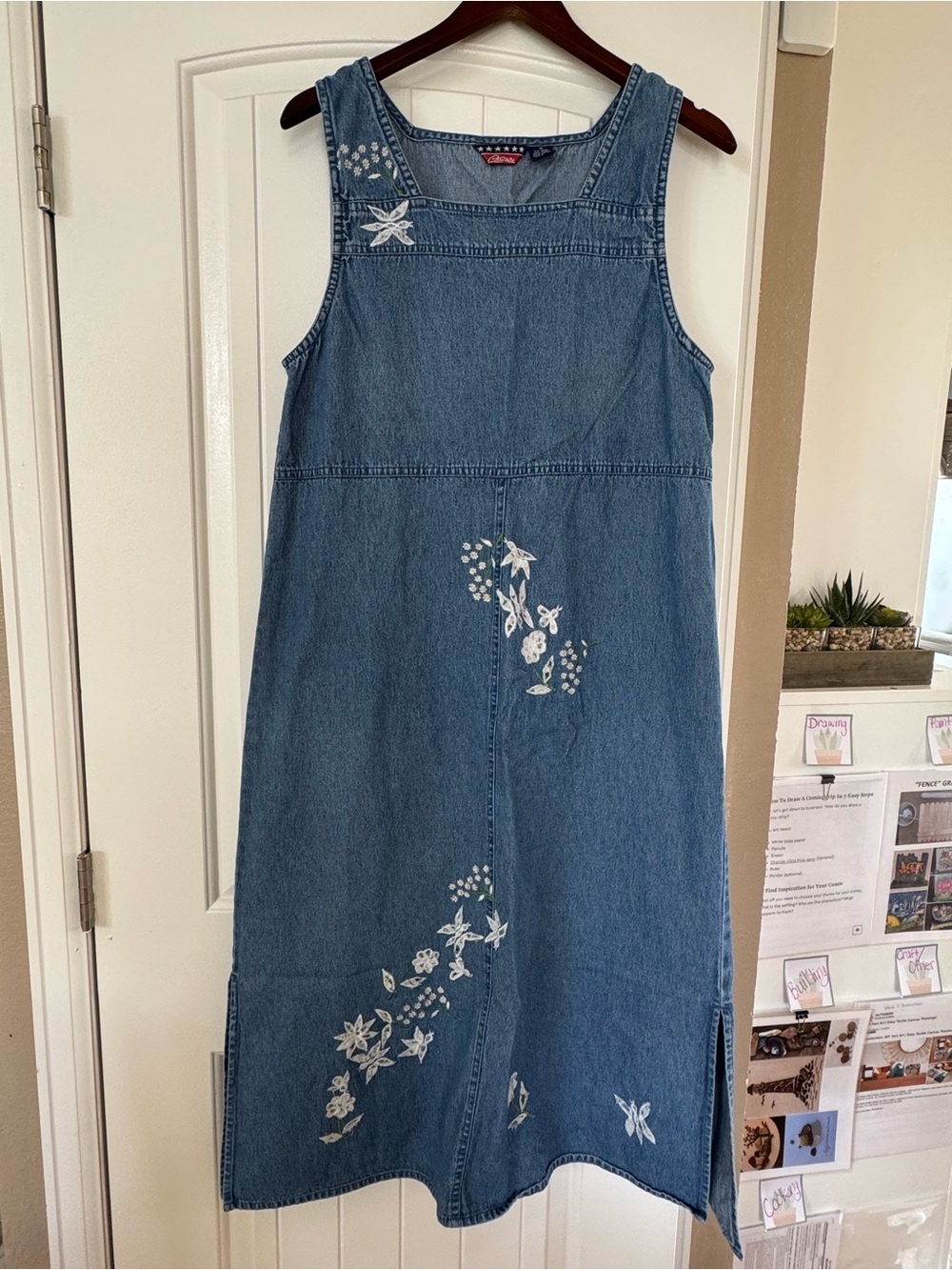 Agapo Denim Overall Midi Maxi Dress Sz M VTG 90s Y2K Embroidered Cottagecore - Picture 13 of 16